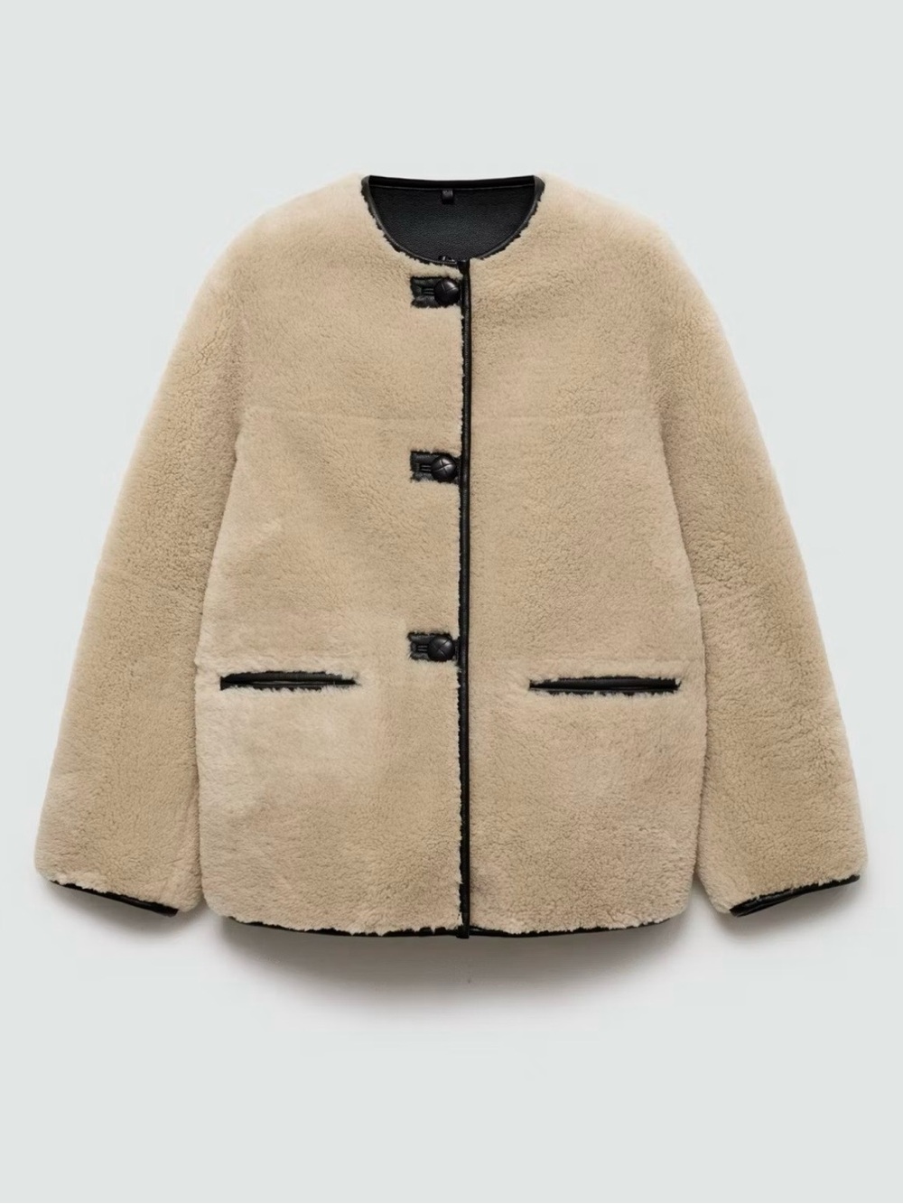MANGO Faux Fur Coat with Appliqués Ecru Beige Women’s Size L  Teddy Jacket